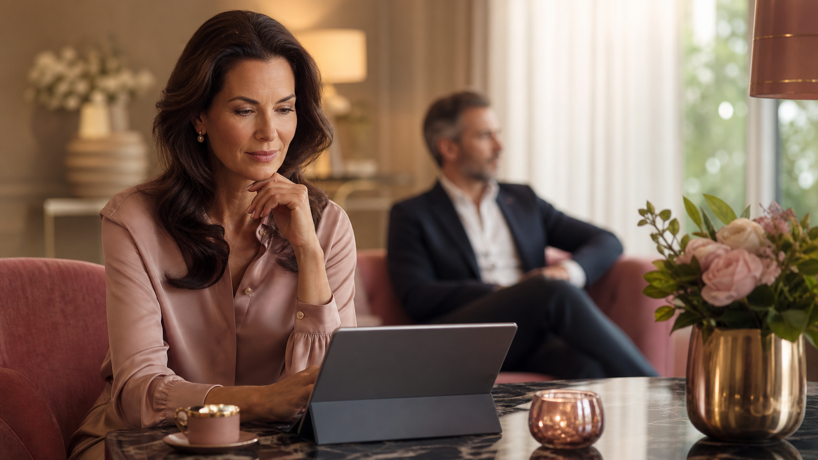 Een lid bekijkt discreet privacy-instellingen in een stijlvolle lounge.